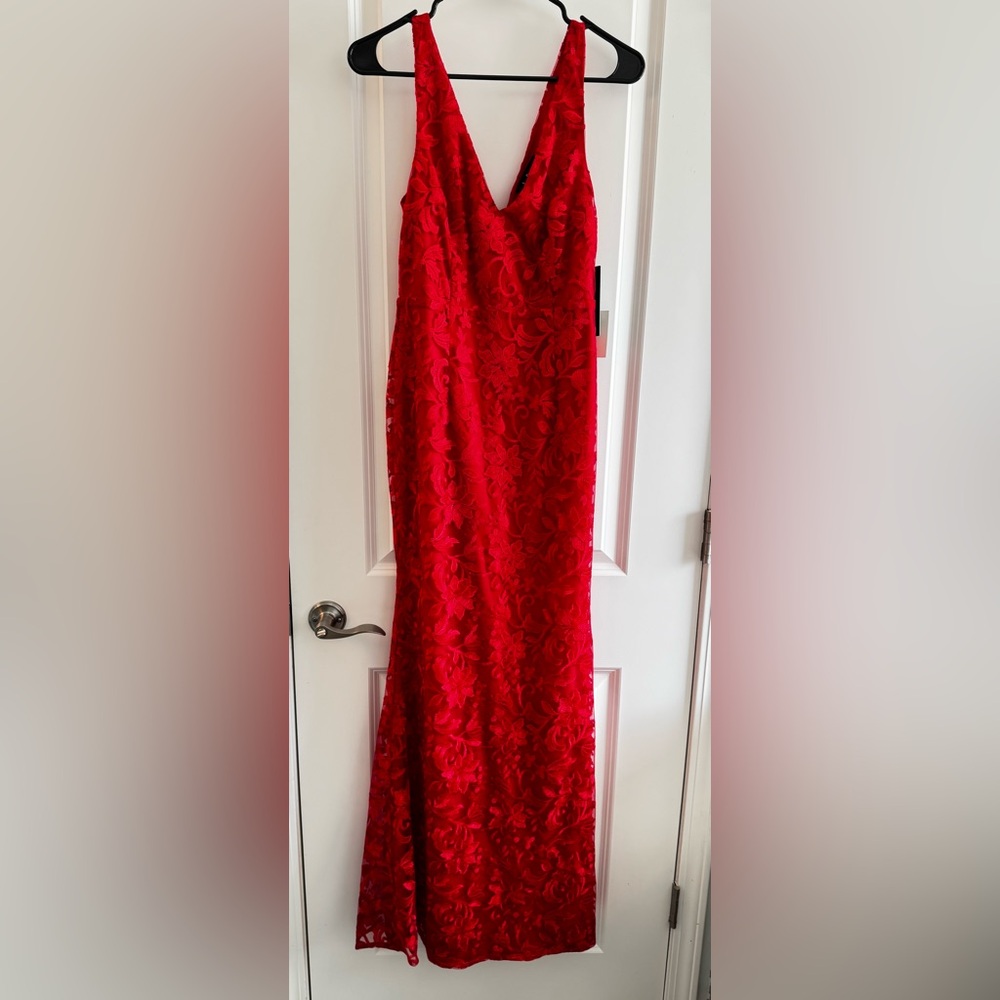 Lulu's Vibrant Red Floral Lace Maxi Dress